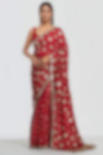 Crimson Red Silk Sequin Embroidered Bridal Saree Set by Abhinav Mishra at Pernia's Pop Up Shop
