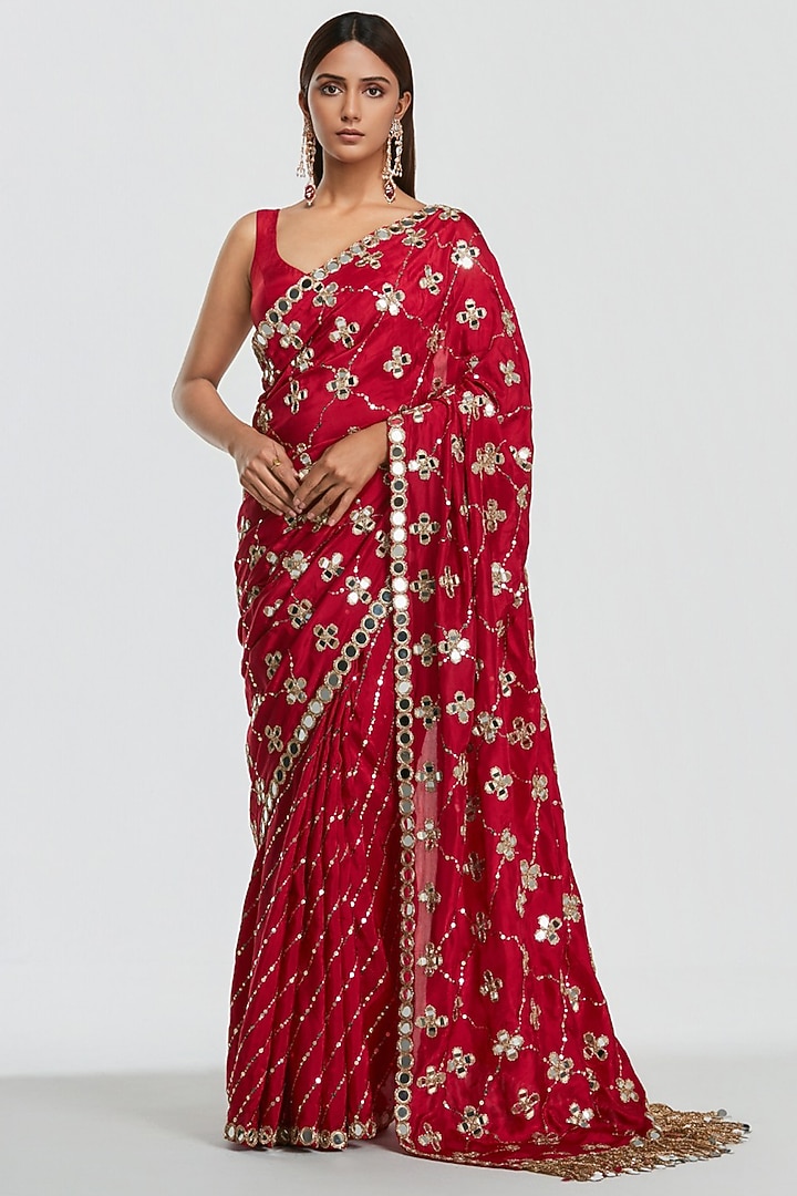 Crimson Red Silk Sequin Embroidered Bridal Saree Set by Abhinav Mishra at Pernia's Pop Up Shop