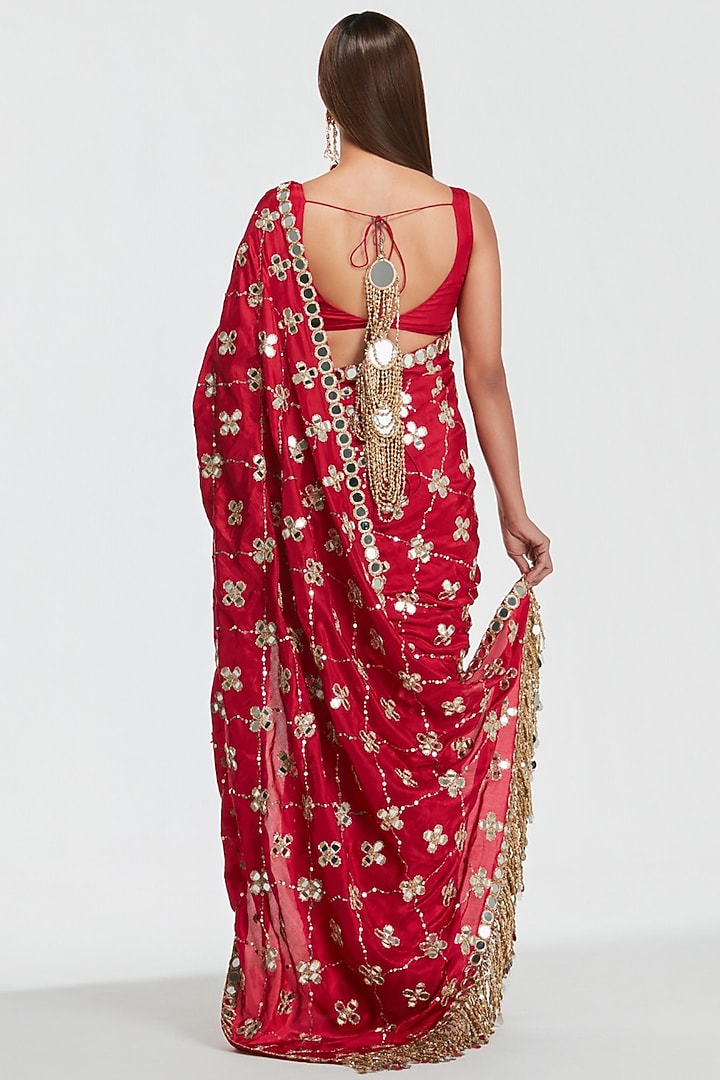 Crimson Red Silk Sequin Embroidered Bridal Saree Set by Abhinav Mishra at Pernia's Pop Up Shop
