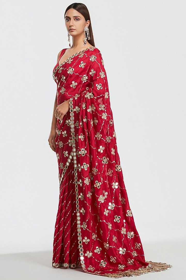 Crimson Red Silk Sequin Embroidered Bridal Saree Set by Abhinav Mishra at Pernia's Pop Up Shop