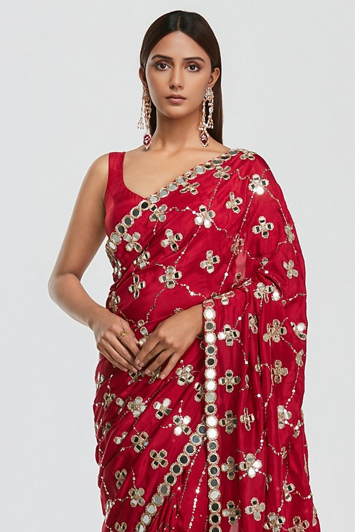 Crimson Red Silk Sequin Embroidered Bridal Saree Set by Abhinav Mishra at Pernia's Pop Up Shop