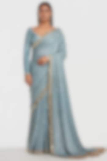 Powder Blue Crepe Georgette Mirror Embroidered Bridal Saree Set by Abhinav Mishra at Pernia's Pop Up Shop