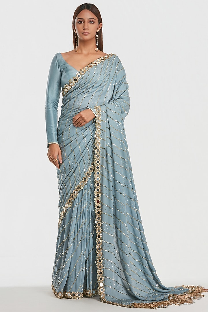 Powder Blue Crepe Georgette Mirror Embroidered Bridal Saree Set by Abhinav Mishra at Pernia's Pop Up Shop