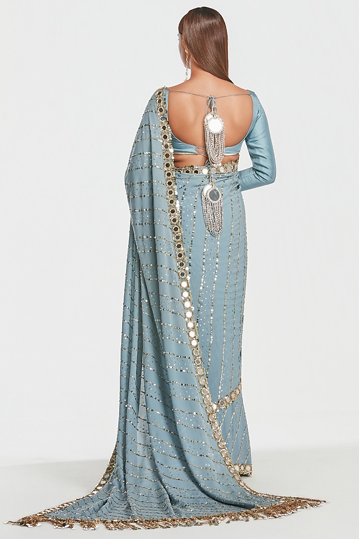 Powder Blue Crepe Georgette Mirror Embroidered Bridal Saree Set by Abhinav Mishra at Pernia's Pop Up Shop