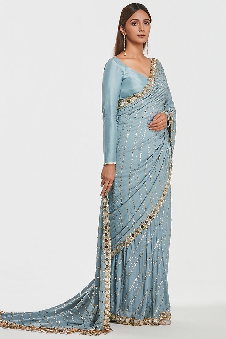 Powder Blue Crepe Georgette Mirror Embroidered Bridal Saree Set by Abhinav Mishra at Pernia's Pop Up Shop