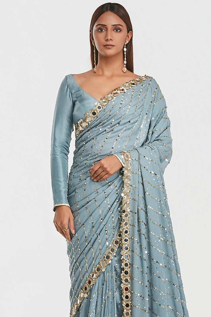 Powder Blue Crepe Georgette Mirror Embroidered Bridal Saree Set by Abhinav Mishra at Pernia's Pop Up Shop