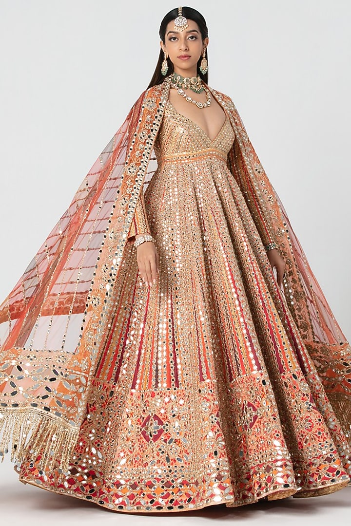 Multi-Colored Silk Gota Embroidered Bridal Anarkali Set by Abhinav Mishra at Pernia's Pop Up Shop