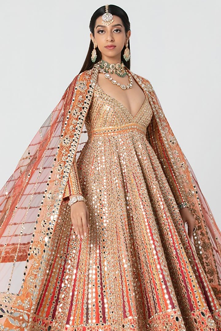 Multi-Colored Silk Gota Embroidered Bridal Anarkali Set by Abhinav Mishra at Pernia's Pop Up Shop