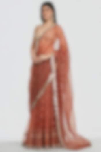 Rust Brown Net Mirror & Zari Embroidered Bridal Saree Set by Abhinav Mishra at Pernia's Pop Up Shop