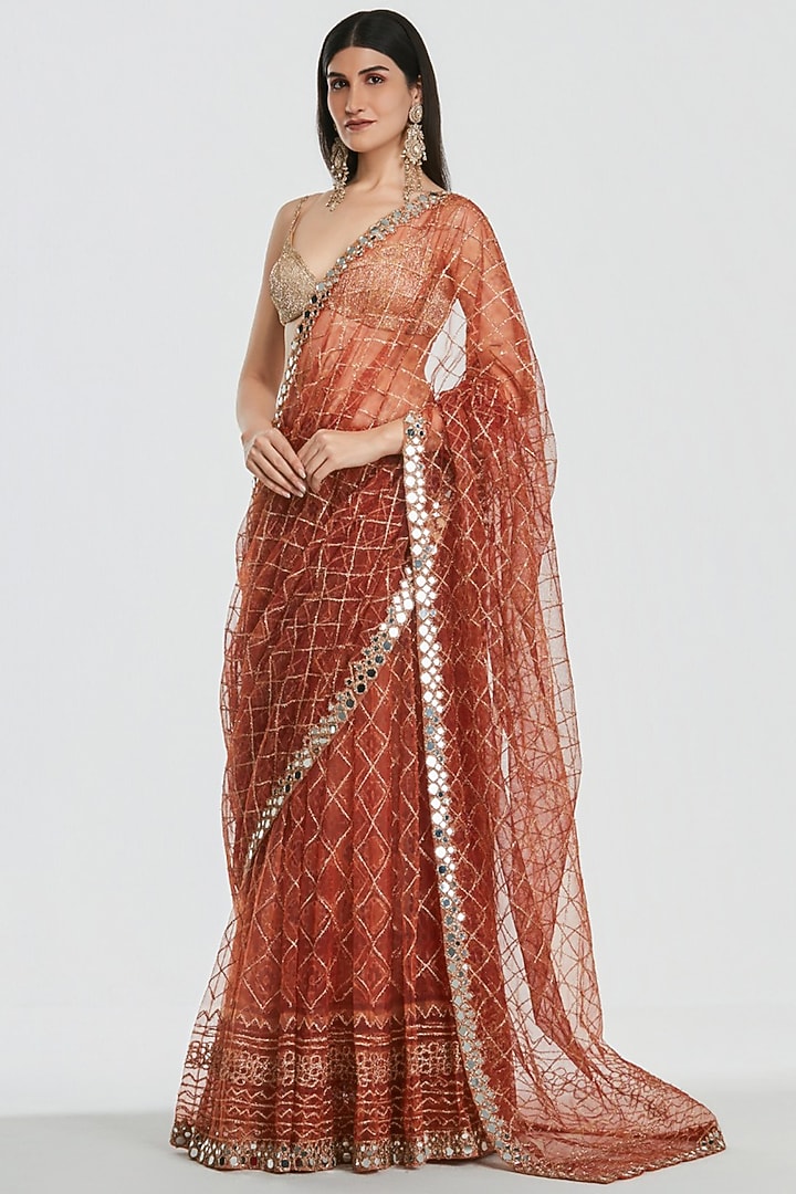 Rust Brown Net Mirror & Zari Embroidered Bridal Saree Set by Abhinav Mishra at Pernia's Pop Up Shop