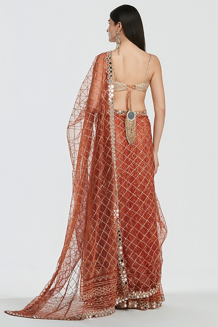 Rust Brown Net Mirror & Zari Embroidered Bridal Saree Set by Abhinav Mishra at Pernia's Pop Up Shop