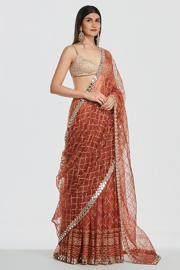 Rust Brown Net Mirror & Zari Embroidered Bridal Saree Set by Abhinav Mishra at Pernia's Pop Up Shop