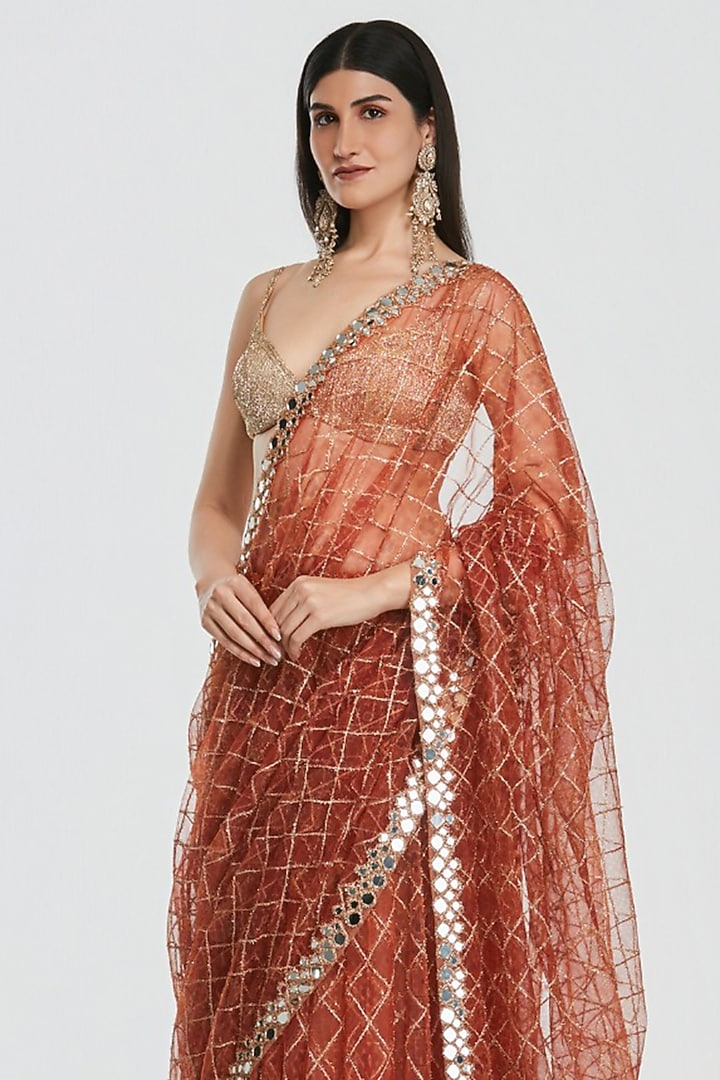 Rust Brown Net Mirror & Zari Embroidered Bridal Saree Set by Abhinav Mishra at Pernia's Pop Up Shop