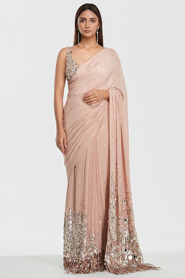Powder Pink Pure Georgette Sequin Embroidered Bridal Saree Set by Abhinav Mishra at Pernia's Pop Up Shop