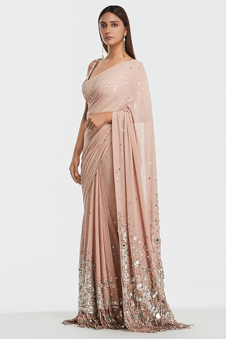 Powder Pink Pure Georgette Sequin Embroidered Bridal Saree Set by Abhinav Mishra at Pernia's Pop Up Shop