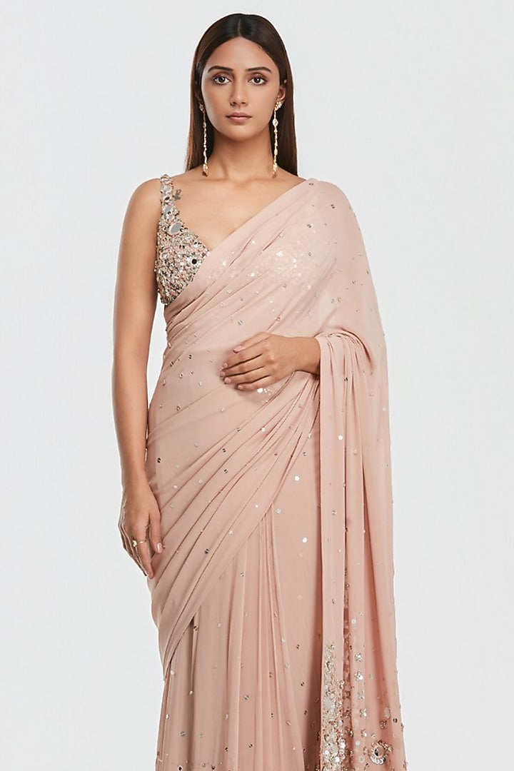 Powder Pink Pure Georgette Sequin Embroidered Bridal Saree Set by Abhinav Mishra at Pernia's Pop Up Shop