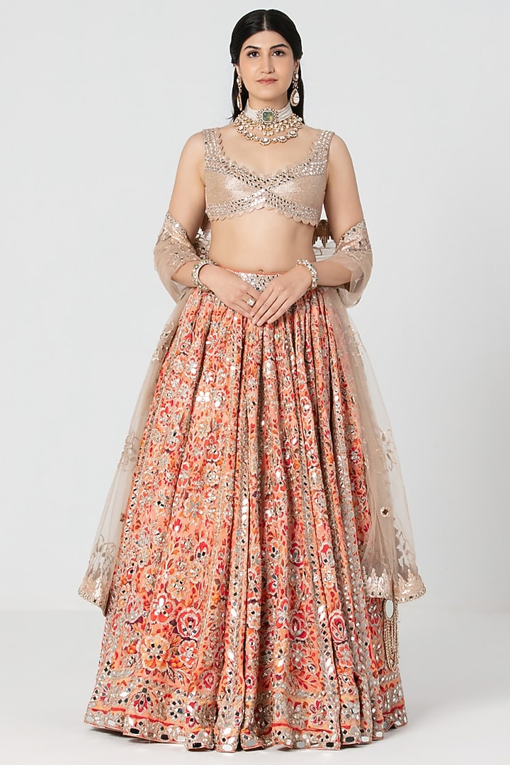 Multi-Colored Silk Mirror Embroidered Bridal Bridal Lehenga Set by Abhinav Mishra at Pernia's Pop Up Shop