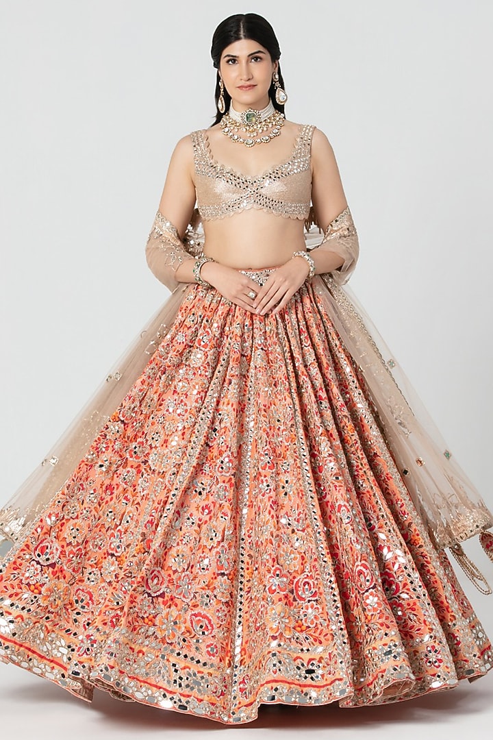 Multi-Colored Silk Mirror Embroidered Bridal Bridal Lehenga Set by Abhinav Mishra at Pernia's Pop Up Shop