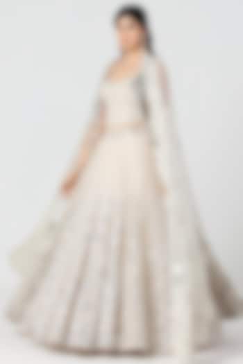 Ivory Net Mirror Embroidered Bridal Bridal Lehenga Set by Abhinav Mishra at Pernia's Pop Up Shop