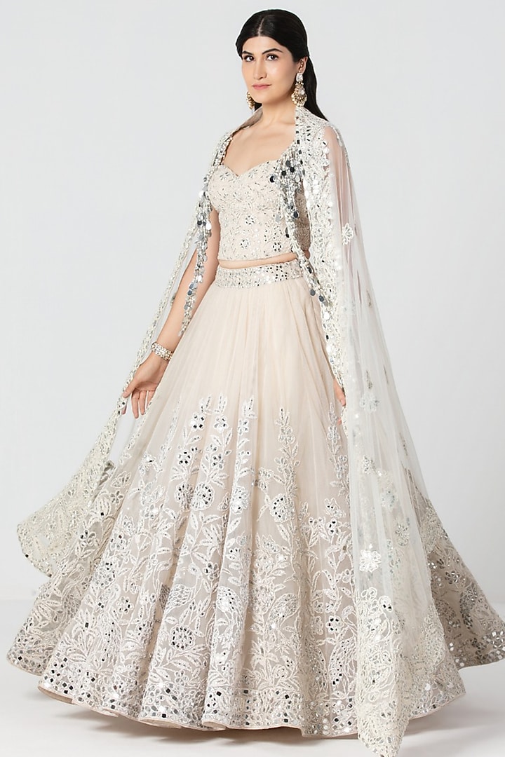 Ivory Net Mirror Embroidered Bridal Bridal Lehenga Set by Abhinav Mishra at Pernia's Pop Up Shop