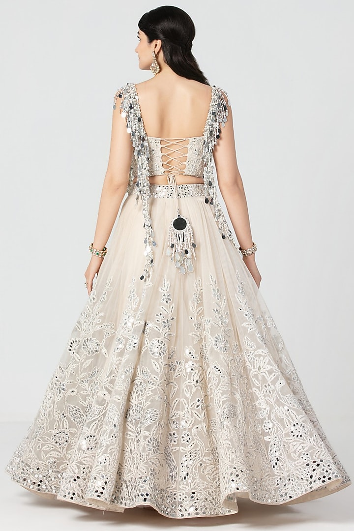 Ivory Net Mirror Embroidered Bridal Bridal Lehenga Set by Abhinav Mishra at Pernia's Pop Up Shop