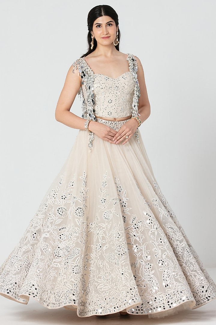 Ivory Net Mirror Embroidered Bridal Bridal Lehenga Set by Abhinav Mishra at Pernia's Pop Up Shop