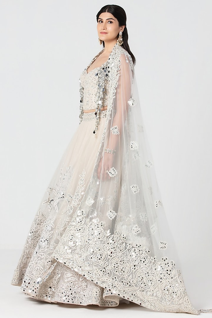 Ivory Net Mirror Embroidered Bridal Bridal Lehenga Set by Abhinav Mishra at Pernia's Pop Up Shop