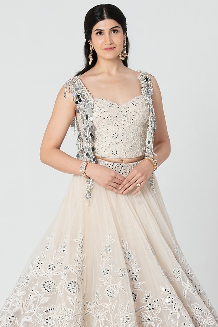 Ivory Net Mirror Embroidered Bridal Bridal Lehenga Set by Abhinav Mishra at Pernia's Pop Up Shop