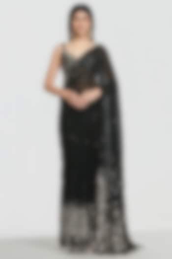 Black Pure Georgette Sequin Embroidered Bridal Saree Set by Abhinav Mishra at Pernia's Pop Up Shop