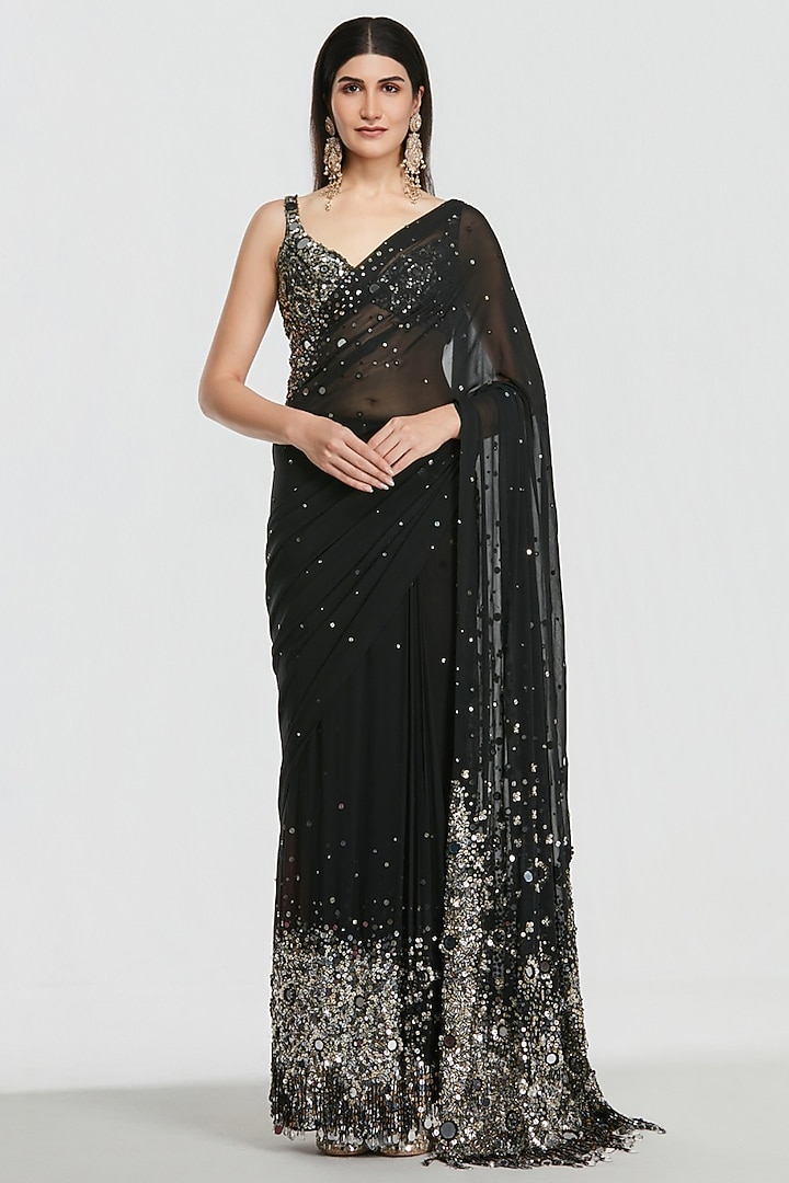 Black Pure Georgette Sequin Embroidered Bridal Saree Set by Abhinav Mishra at Pernia's Pop Up Shop