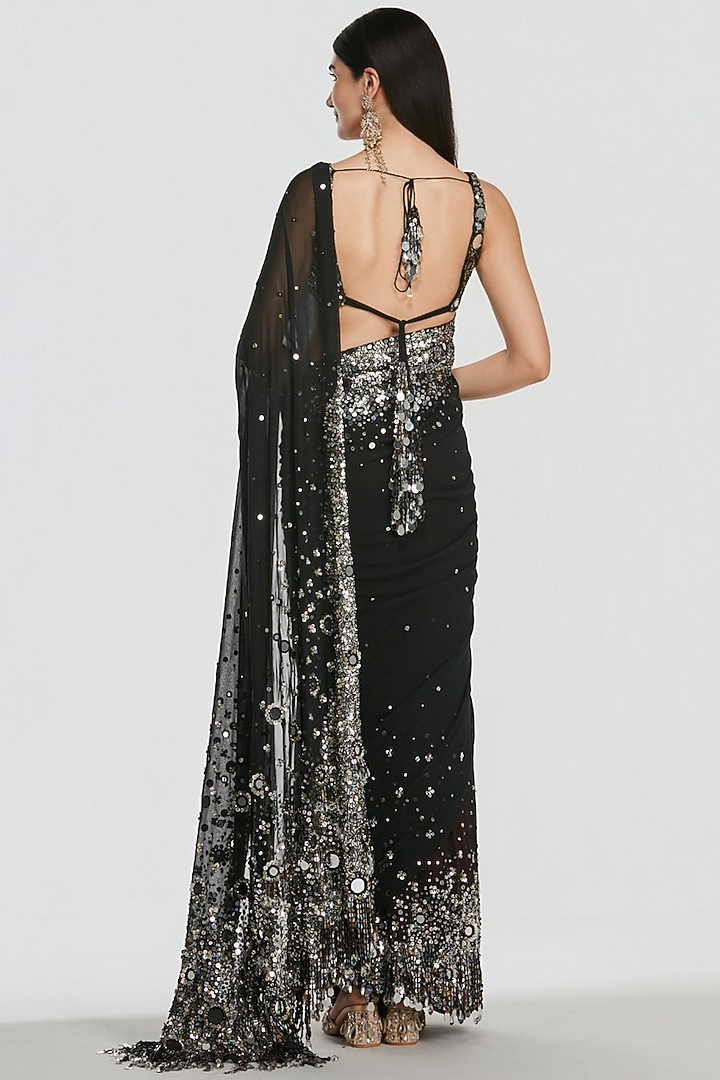 Black Pure Georgette Sequin Embroidered Bridal Saree Set by Abhinav Mishra at Pernia's Pop Up Shop
