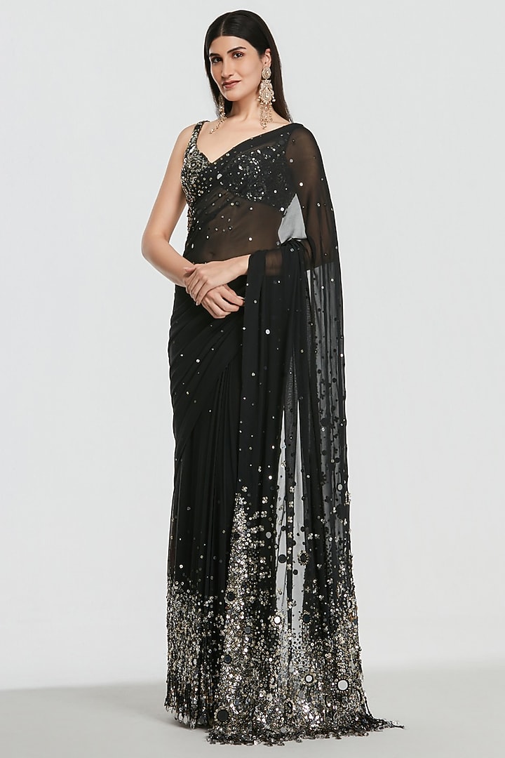Black Pure Georgette Sequin Embroidered Bridal Saree Set by Abhinav Mishra at Pernia's Pop Up Shop