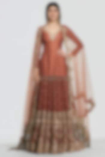 Rust Brown Net Gota Embroidered Bridal Bridal Lehenga Set by Abhinav Mishra at Pernia's Pop Up Shop