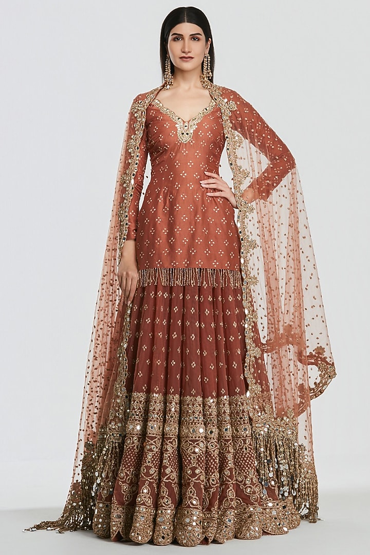 Rust Brown Net Gota Embroidered Bridal Bridal Lehenga Set by Abhinav Mishra at Pernia's Pop Up Shop