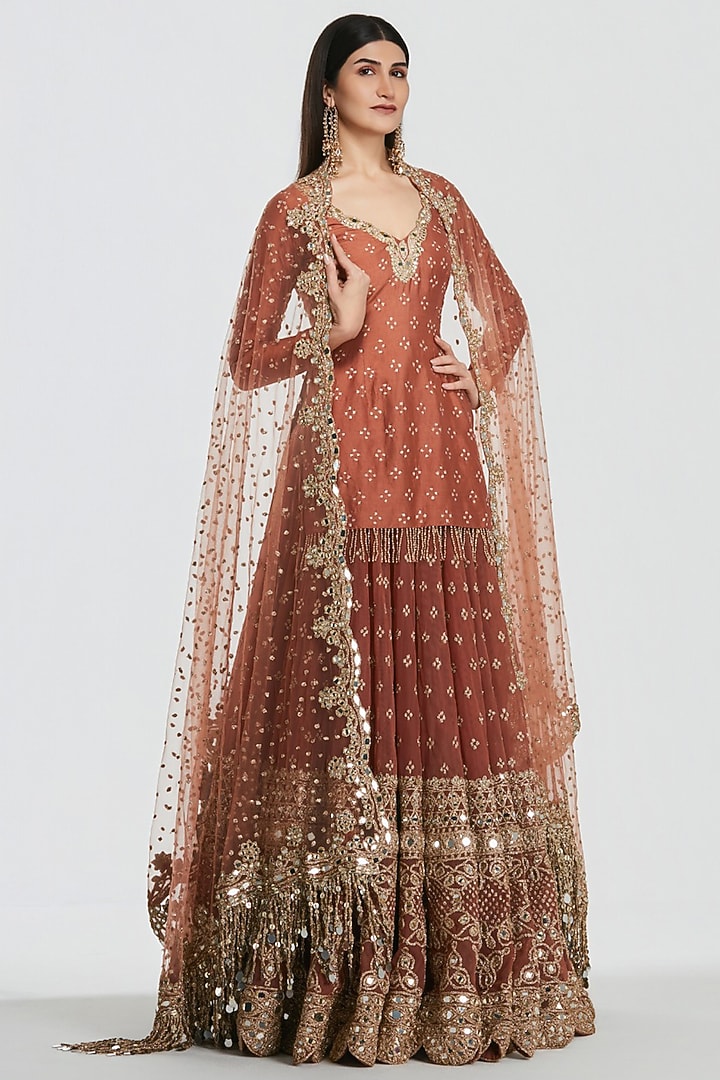 Rust Brown Net Gota Embroidered Bridal Bridal Lehenga Set by Abhinav Mishra at Pernia's Pop Up Shop