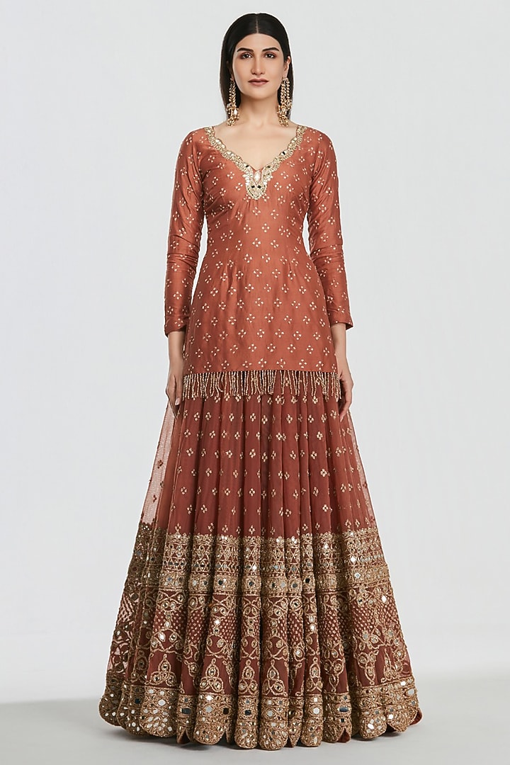 Rust Brown Net Gota Embroidered Bridal Bridal Lehenga Set by Abhinav Mishra at Pernia's Pop Up Shop