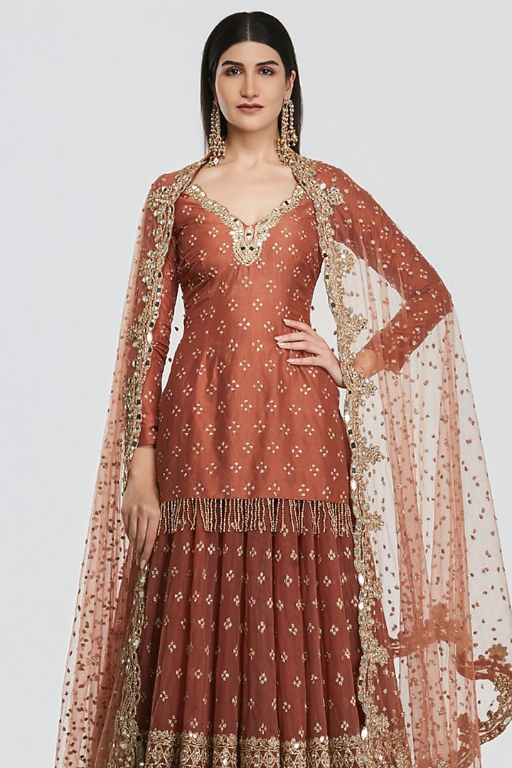 Rust Brown Net Gota Embroidered Bridal Bridal Lehenga Set by Abhinav Mishra at Pernia's Pop Up Shop