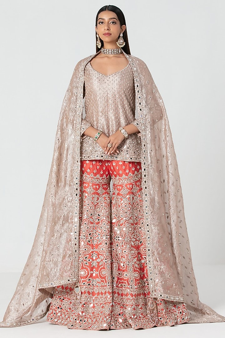 Orange Silk Gota Embroidered Bridal Sharara Set by Abhinav Mishra at Pernia's Pop Up Shop