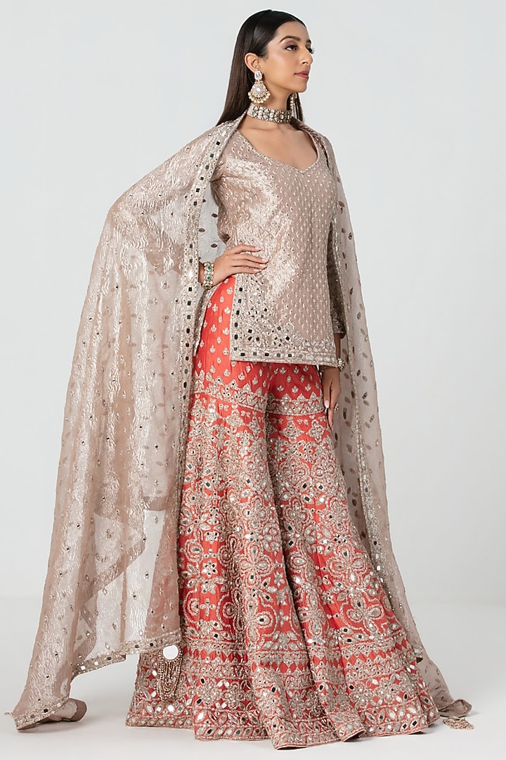 Orange Silk Gota Embroidered Bridal Sharara Set by Abhinav Mishra at Pernia's Pop Up Shop