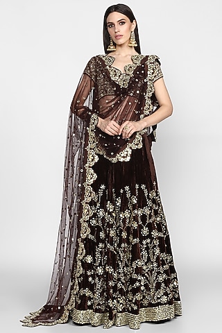 Brown Embroidered Lehenga Set by Abhinav Mishra