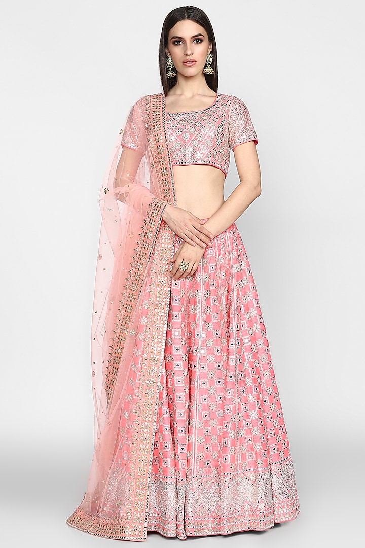 Pink Zari Embroidered Lehenga Set by Abhinav Mishra