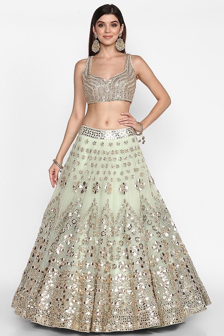 Mint Green Mirrors Embroidered Lehenga Set by Abhinav Mishra