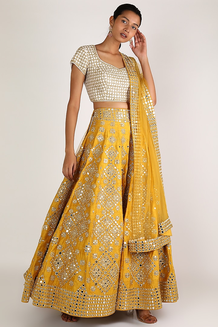Yellow & Ivory Embroidered Lehenga Set Design by Abhinav Mishra at ...