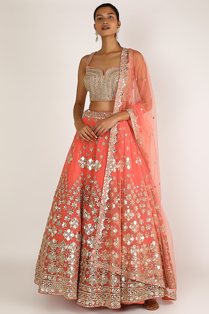 Orangish Coral Embroidered Lehenga Set by Abhinav Mishra