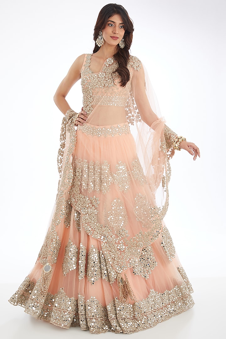 Peach Organza Mirror Embroidered Bridal Lehenga Set by Abhinav Mishra at Pernia's Pop Up Shop