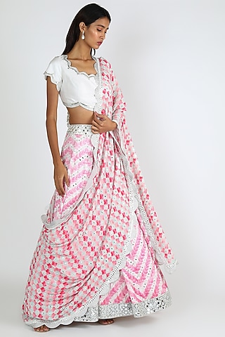 White and pink mirror work lehenga set available only at IBFW