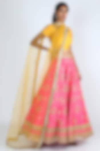 Pink & Yellow Embroidered Lehenga Set by Abhinav Mishra