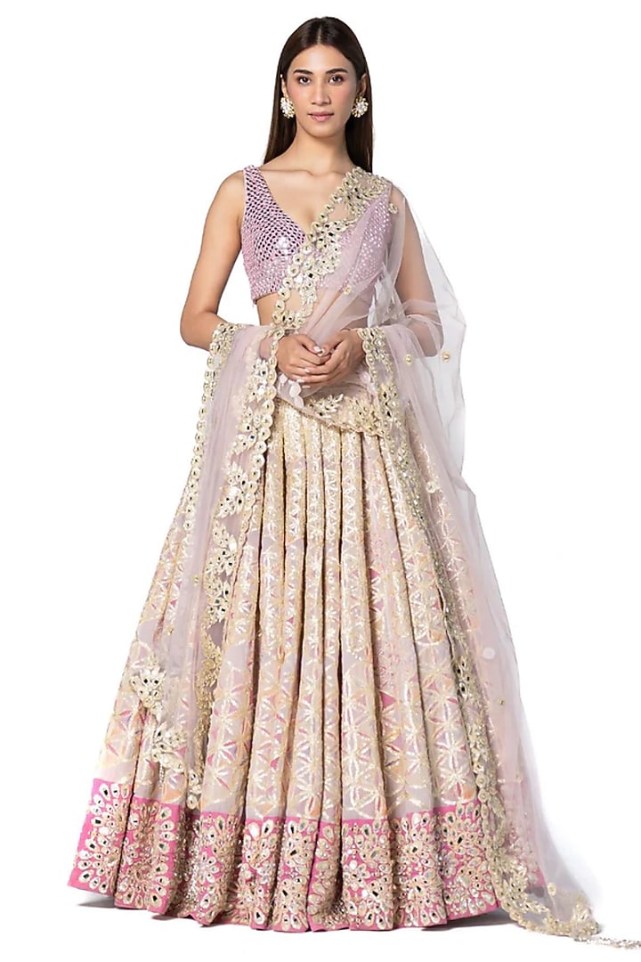 Pink Chanderi Printed & Hand Embroidered Bridal Lehenga Set by Abhinav Mishra at Pernia's Pop Up Shop