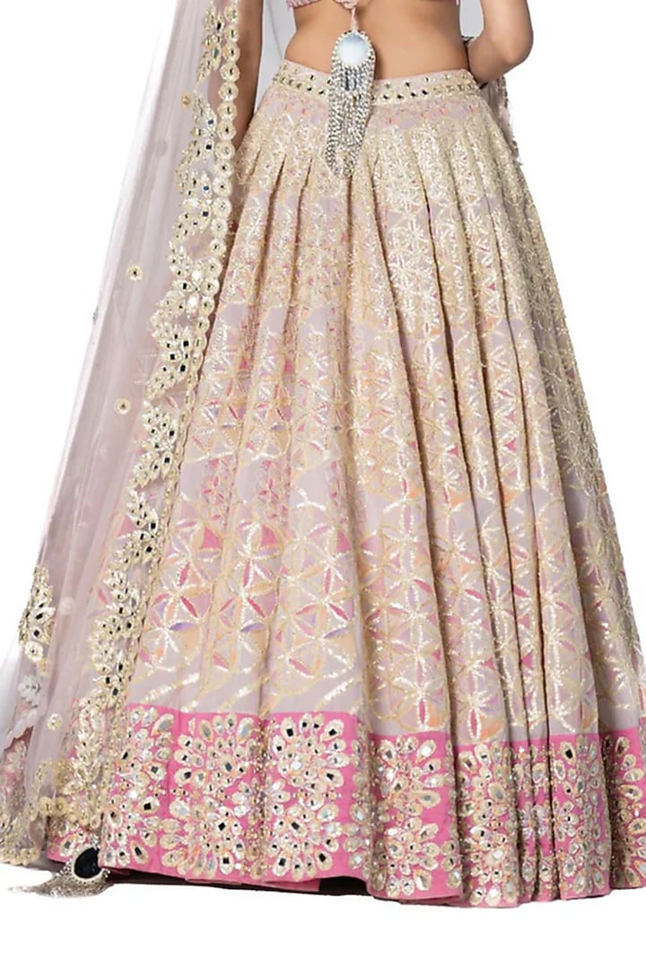 Pink Chanderi Printed & Hand Embroidered Bridal Lehenga Set by Abhinav Mishra at Pernia's Pop Up Shop