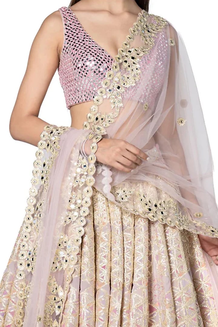 Pink Chanderi Printed & Hand Embroidered Bridal Lehenga Set by Abhinav Mishra at Pernia's Pop Up Shop